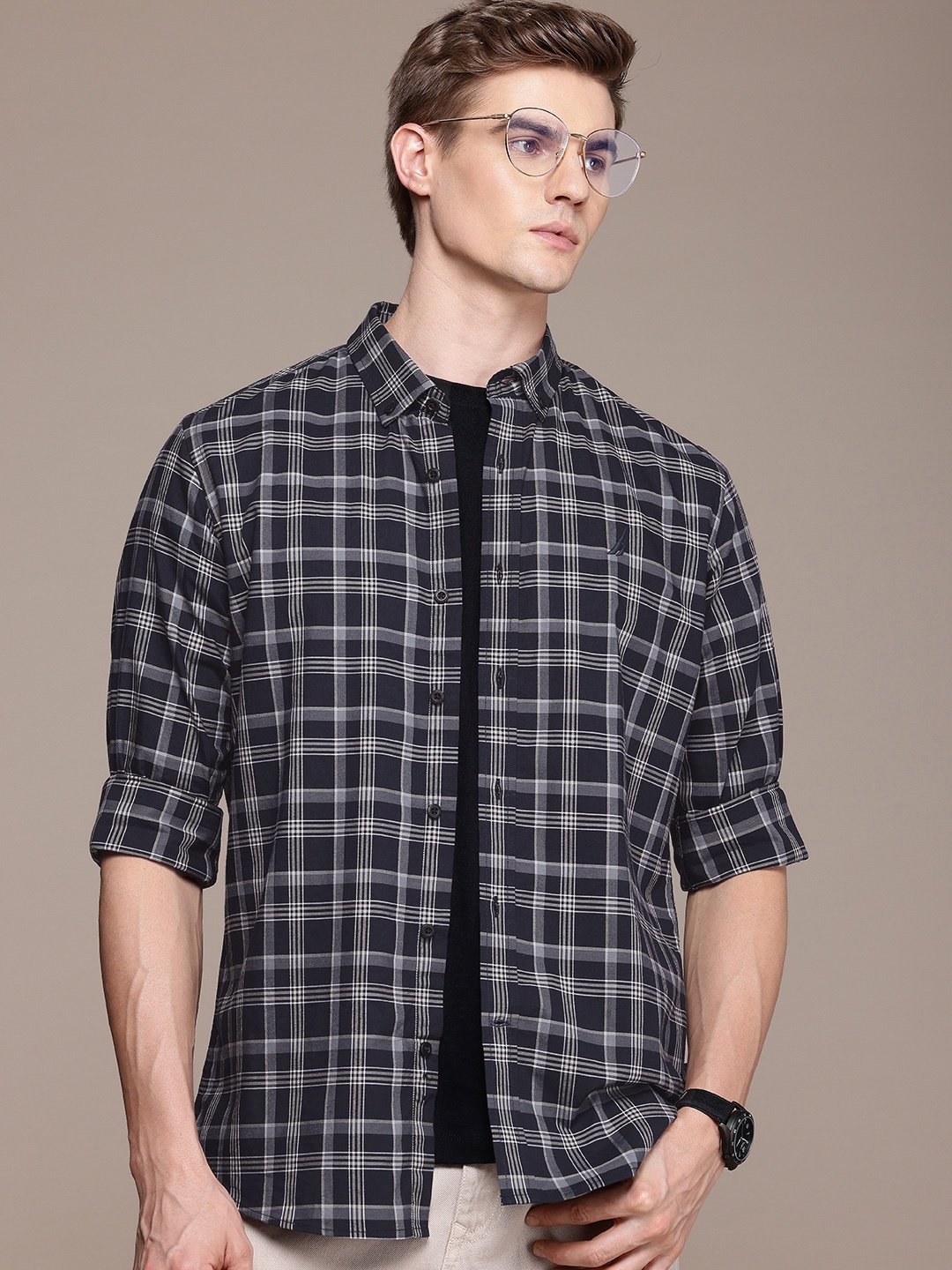 

Nautica Pure Cotton Classic Tartan Checked Casual Shirt, Navy blue
