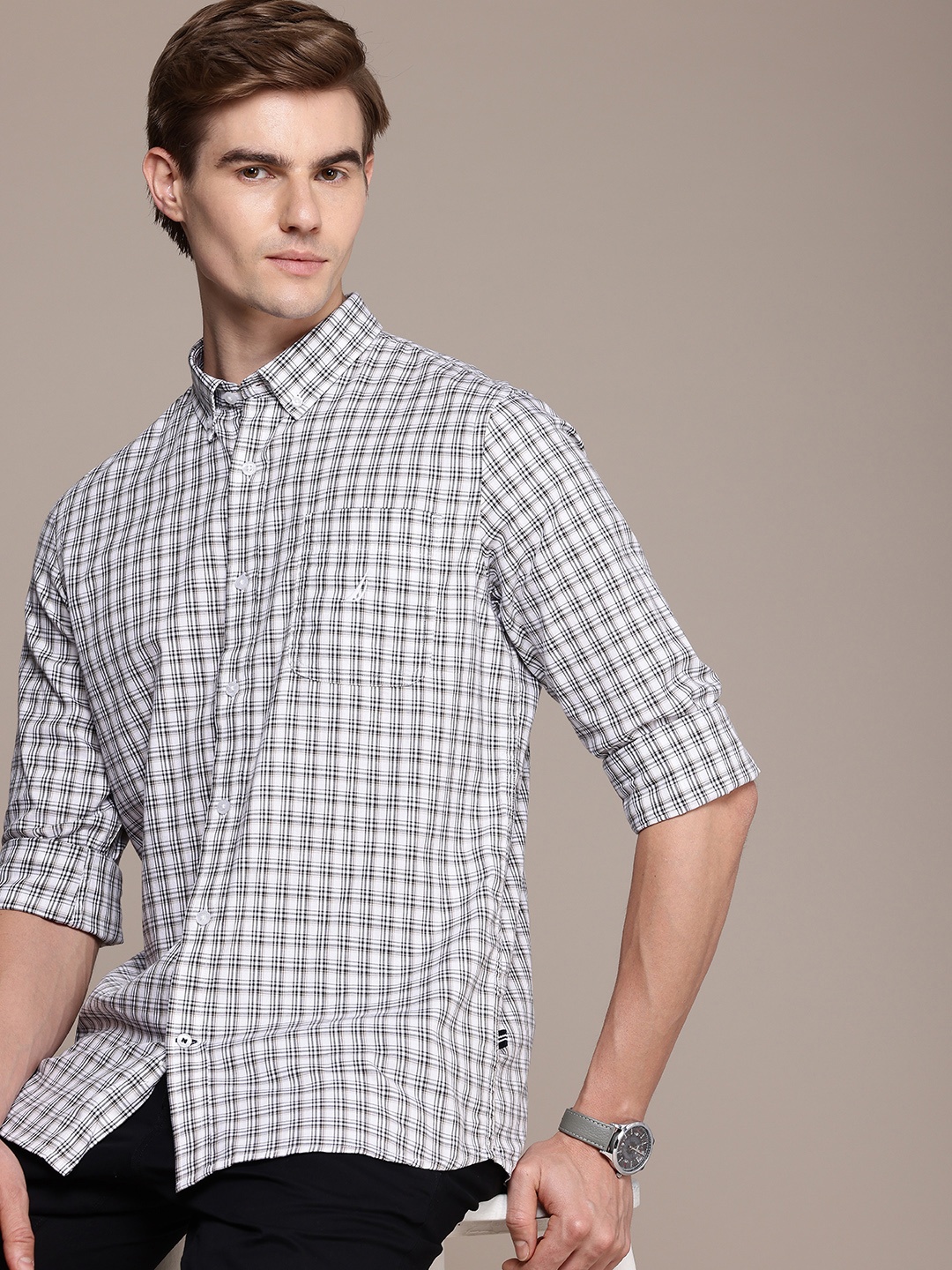 

Nautica Slim Fit Checked Button-Down Collar Pure Cotton Casual Shirt, White