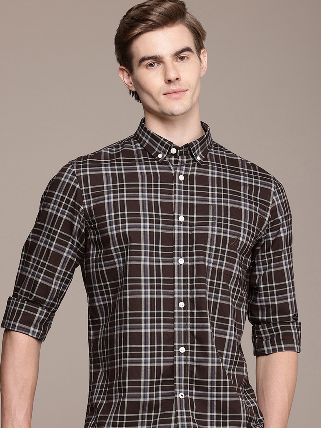 

Nautica Slim Fit Checked Button-Down Collar Pure Cotton Casual Shirt, Brown