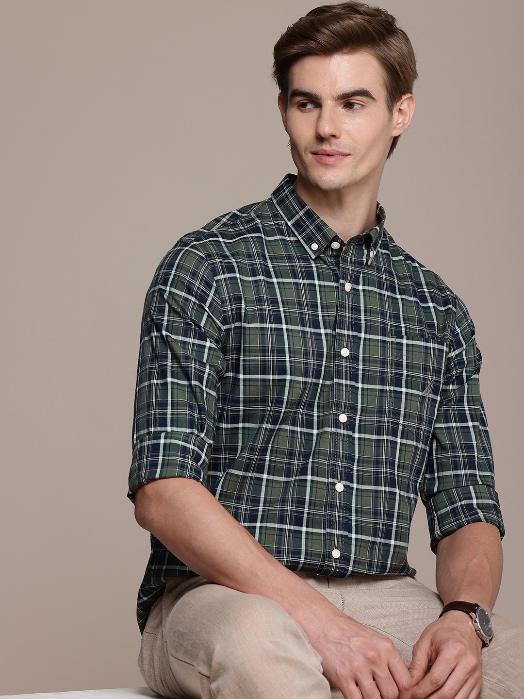 

Nautica Slim Fit Checked Button-Down Collar Pure Cotton Casual Shirt, Green