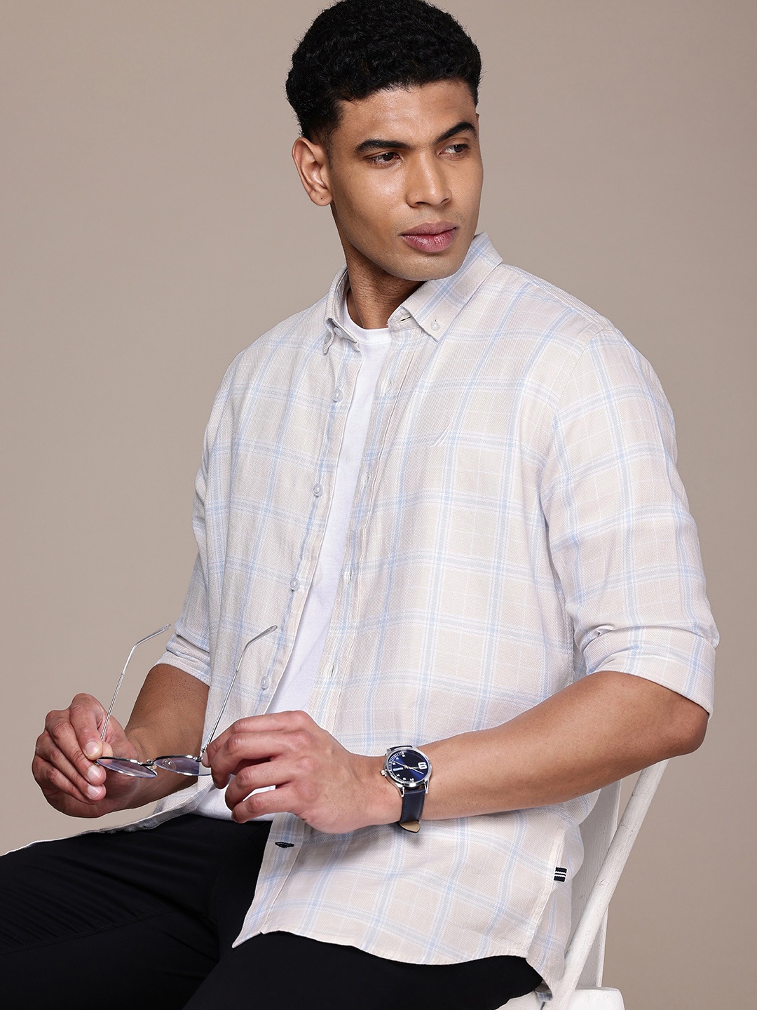 

Nautica Classic Windowpane Checked Opaque Pure Cotton Casual Shirt, Beige