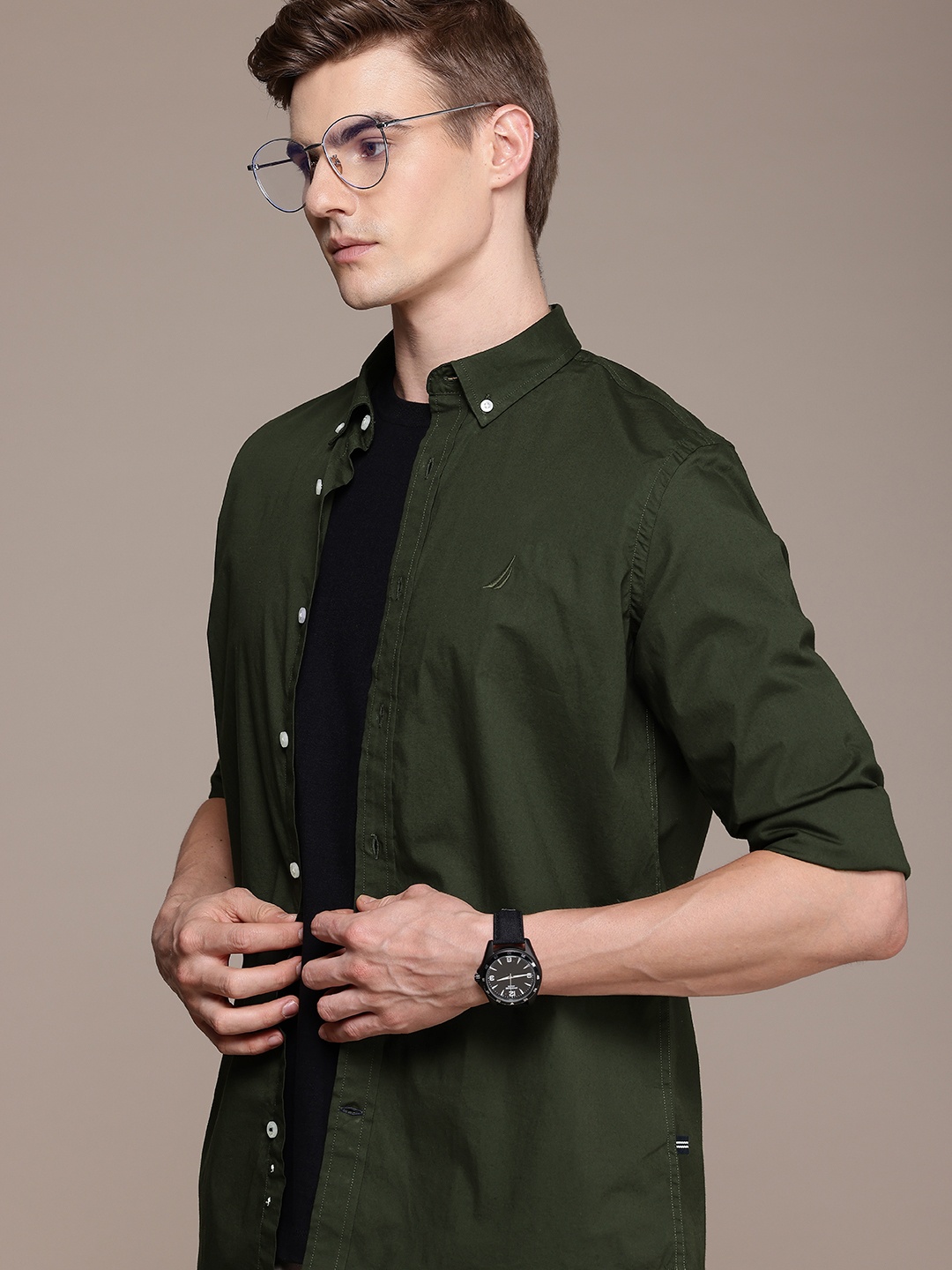 

Nautica Classic Opaque Button-Down Collar Casual Shirt, Olive