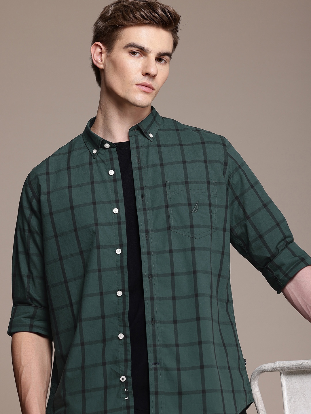 

Nautica Pure Cotton Classic Windowpane Checked Casual Shirt, Teal