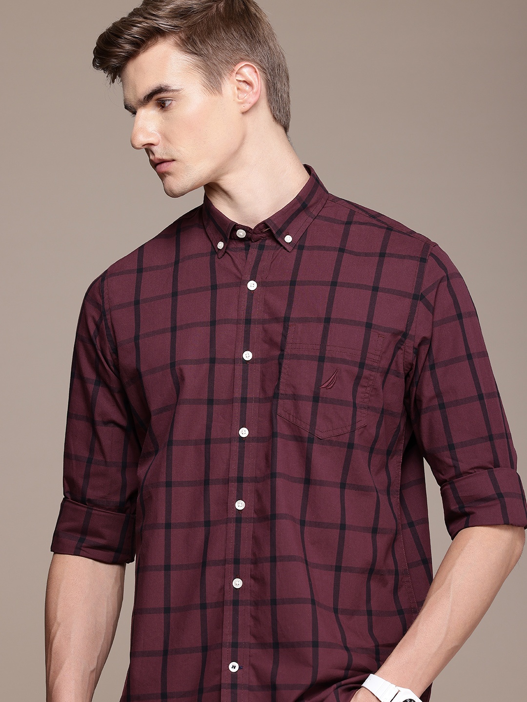 

Nautica Classic Windowpane Checks Opaque Pure Cotton Casual Shirt, Burgundy