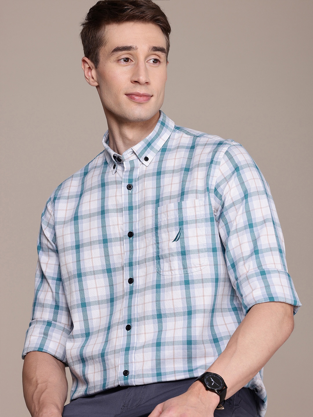 

Nautica Classic Opaque Checked Pure Cotton Casual Shirt, White