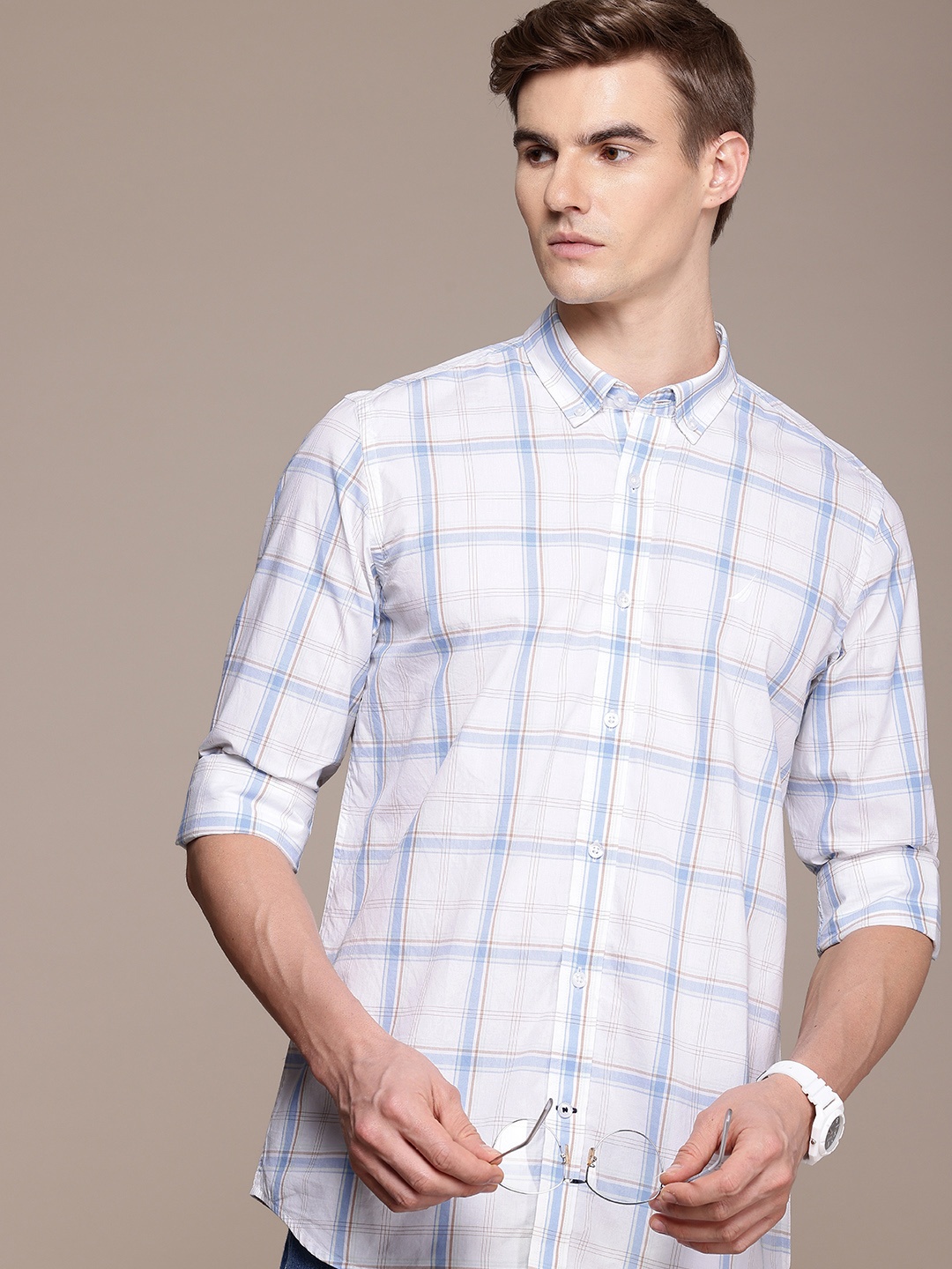 

Nautica Classic Opaque Checked Pure Cotton Casual Shirt, White