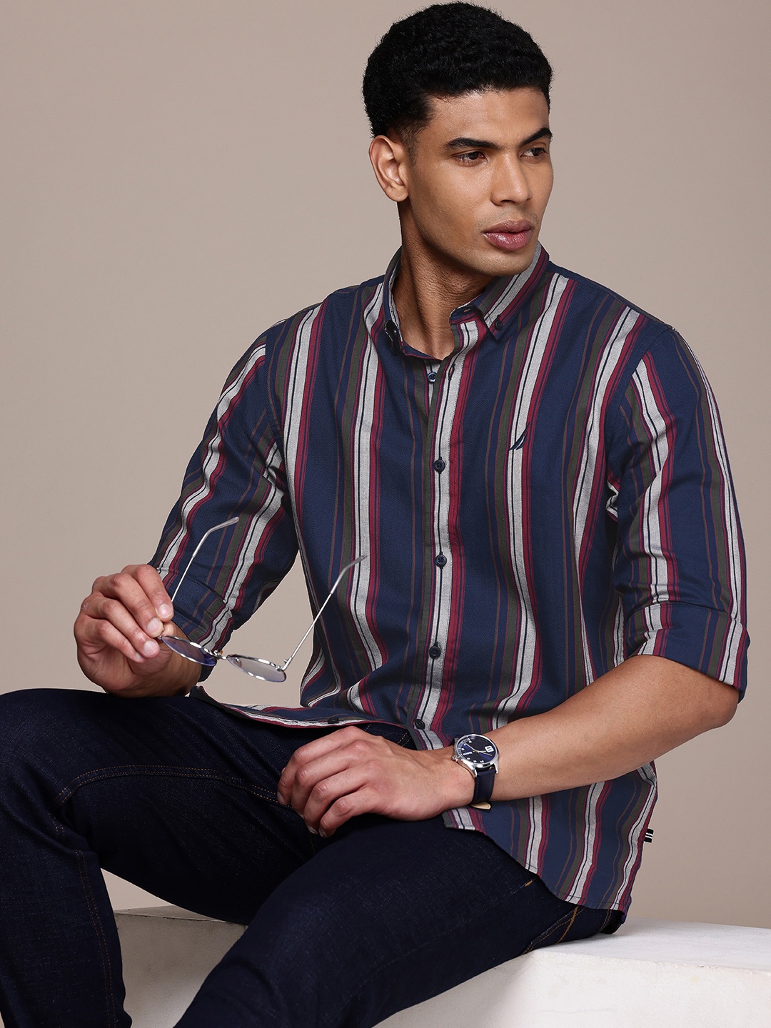 

Nautica Classic Vertical Stripes Button-Down Collar Pure Cotton Casual Shirt, Navy blue
