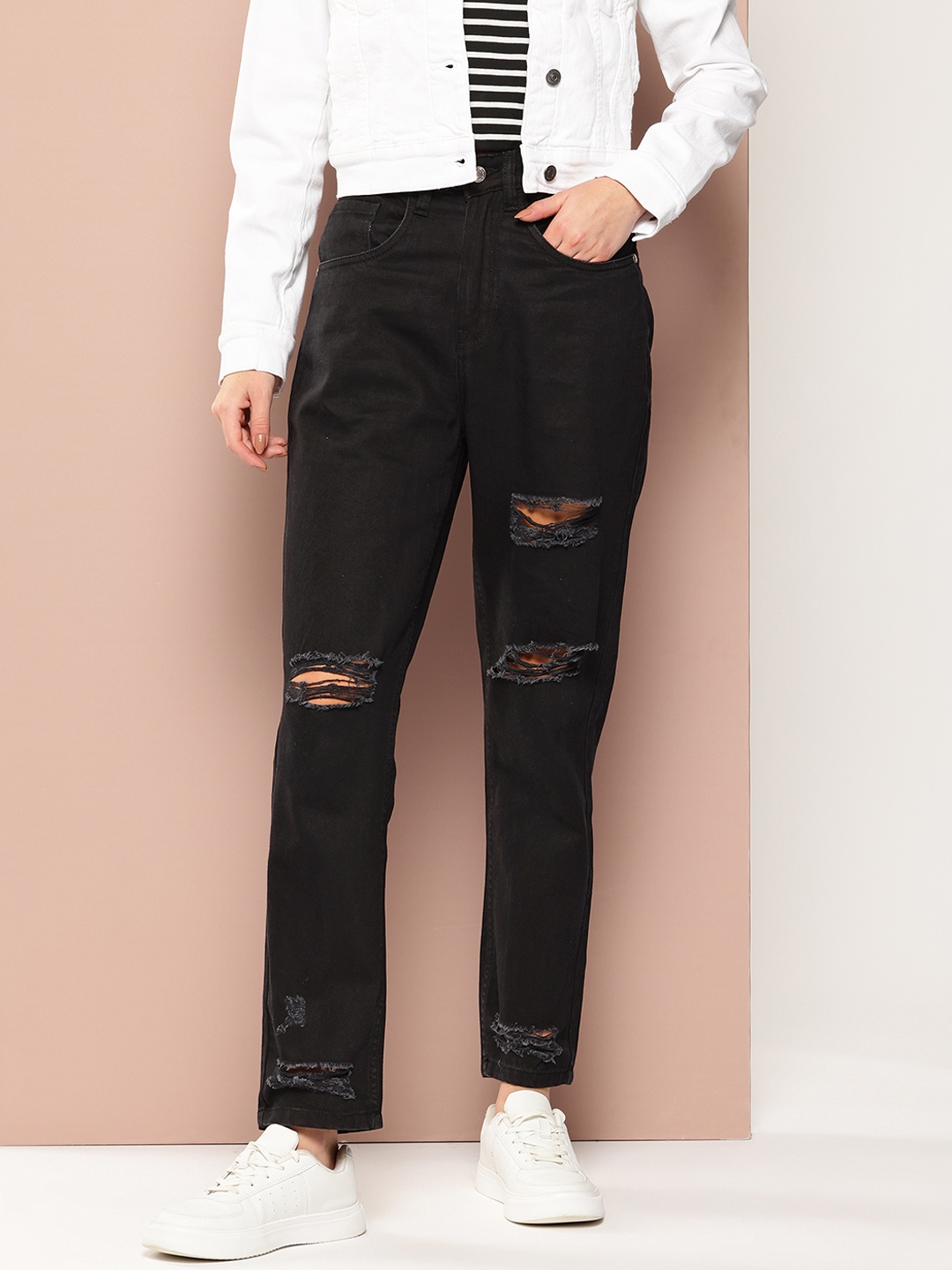 

Harvard Women Boyfriend Fit Ripped Jeans, Black