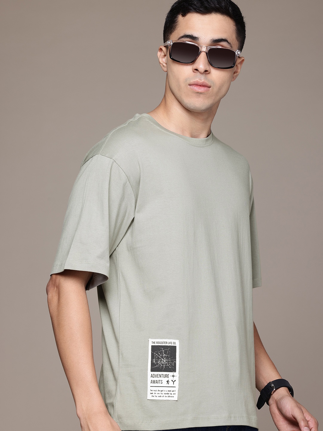 

The Roadster Lifestyle Co. Drop-Shoulder Sleeves Pure Cotton T-shirt, Green