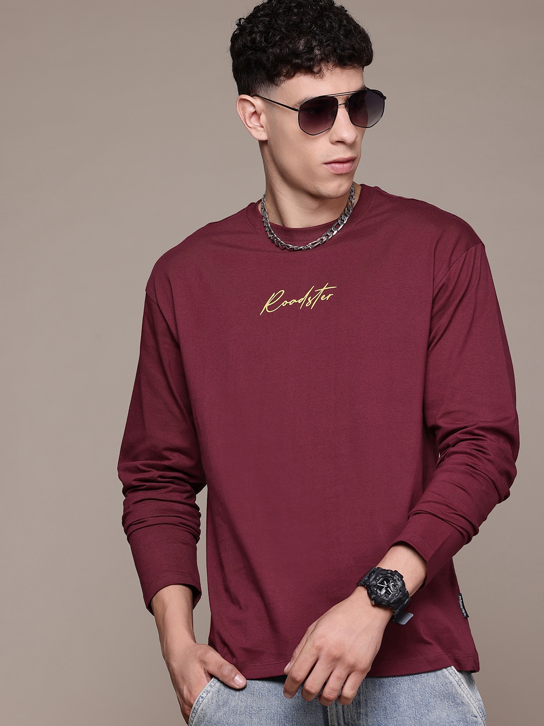 

The Roadster Lifestyle Co. Drop-Shoulder Sleeves Pure Cotton Relaxed T-shirt, Maroon