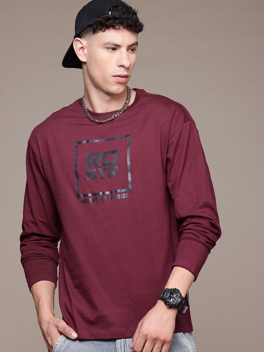 

The Roadster Lifestyle Co. Brand Logo Printed Pure Cotton Relaxed T-shirt, Maroon