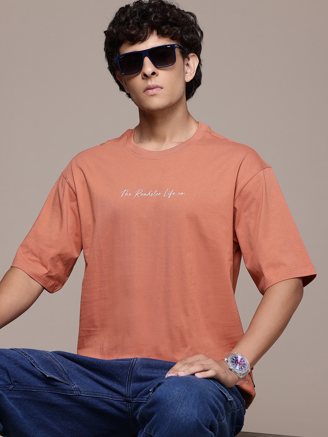 

The Roadster Lifestyle Co. Drop-Shoulder Sleeves Pure Cotton Relaxed T-shirt, Rust