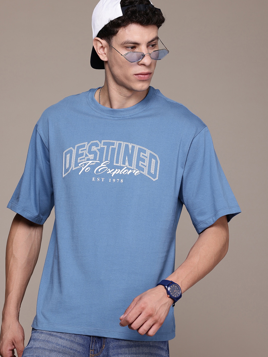 

The Roadster Lifestyle Co. Relaxed Fit Pure Cotton Printed T-shirt, Blue