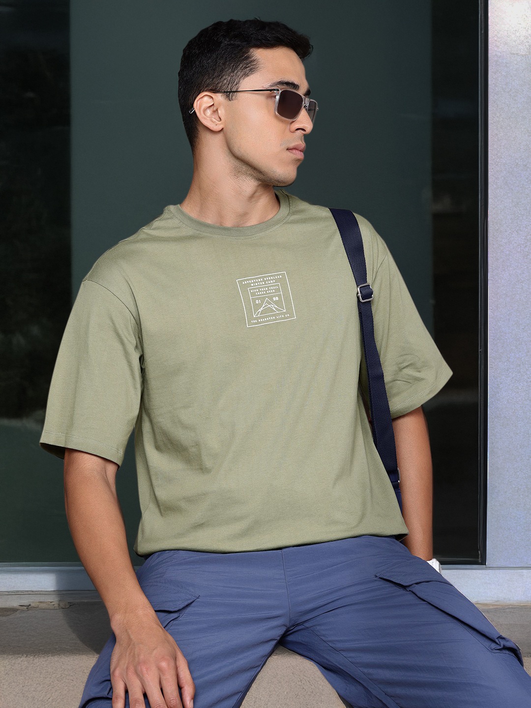 Roadster Men Typography Printed Drop-Shoulder Sleeves Pure Cotton T-shirt, Olive