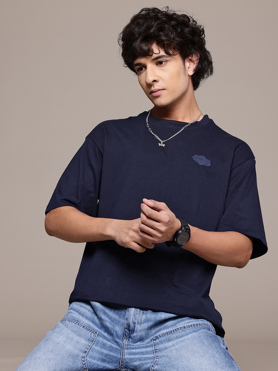 

Roadster Men Drop-Shoulder Sleeves Pure Cotton Applique T-shirt, Navy blue