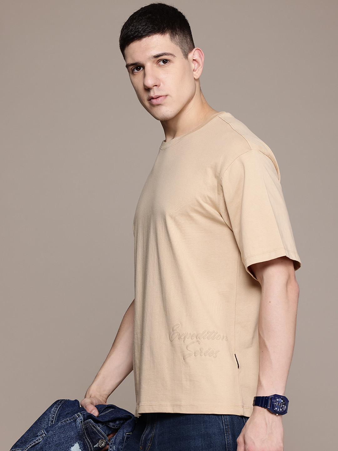 

Roadster Men Drop-Shoulder Sleeves Pure Cotton T-shirt, Beige