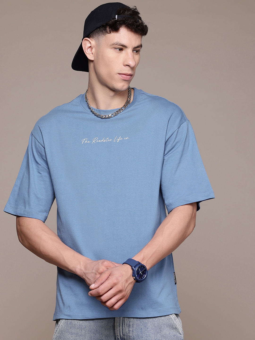 

The Roadster Lifestyle Co. Drop-Shoulder Sleeves Pure Cotton Relaxed T-shirt, Blue