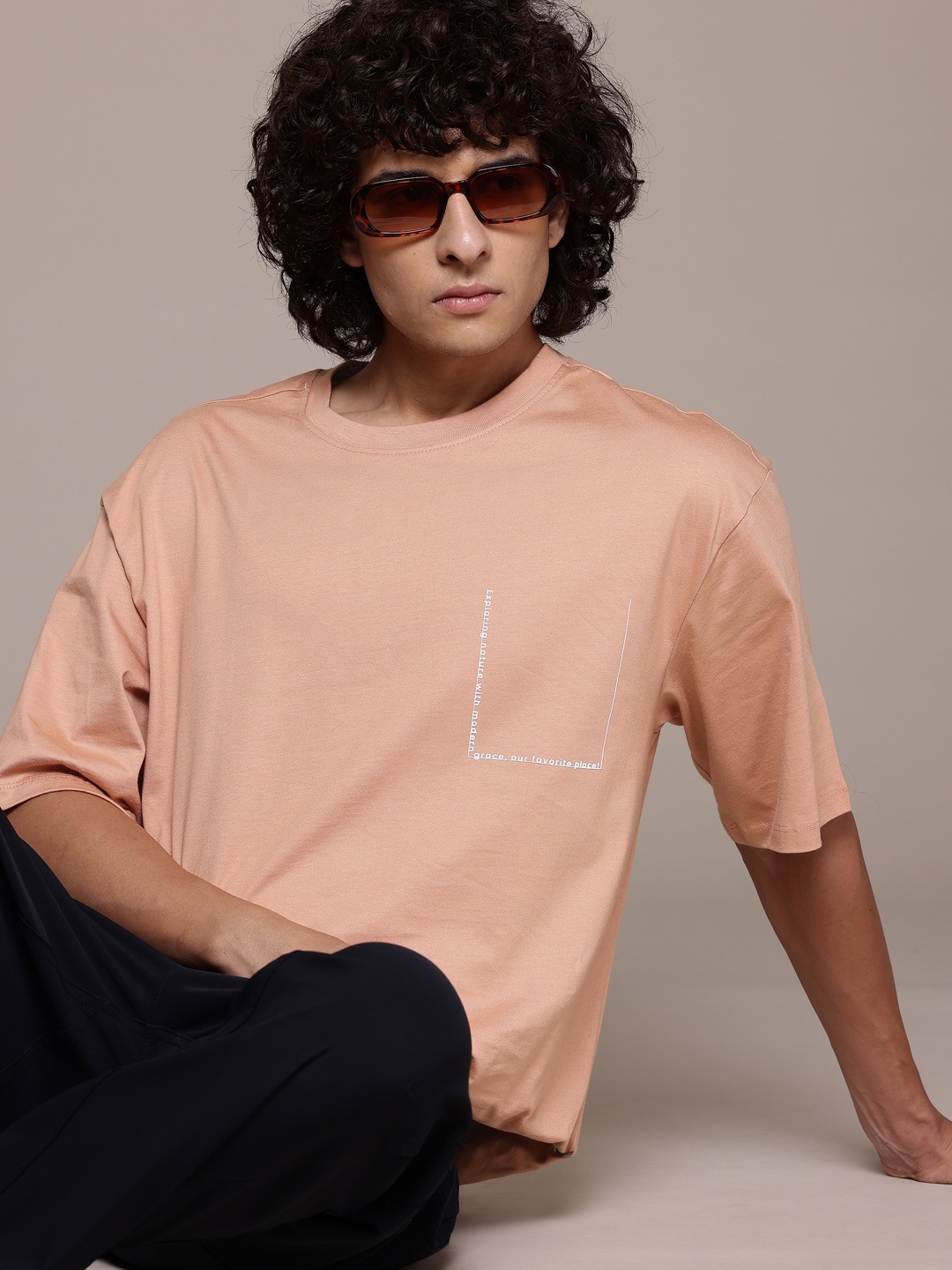 

The Roadster Lifestyle Co. Drop-Shoulder Sleeves Pure Cotton Relaxed T-shirt, Peach