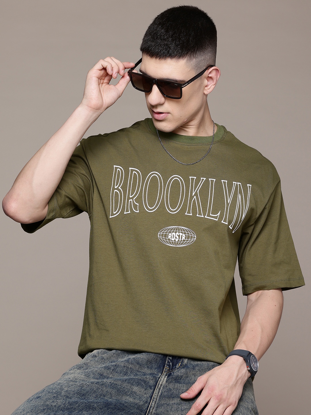 

The Roadster Lifestyle Co. Printed Pure Cotton Relaxed Fit T-shirt, Olive