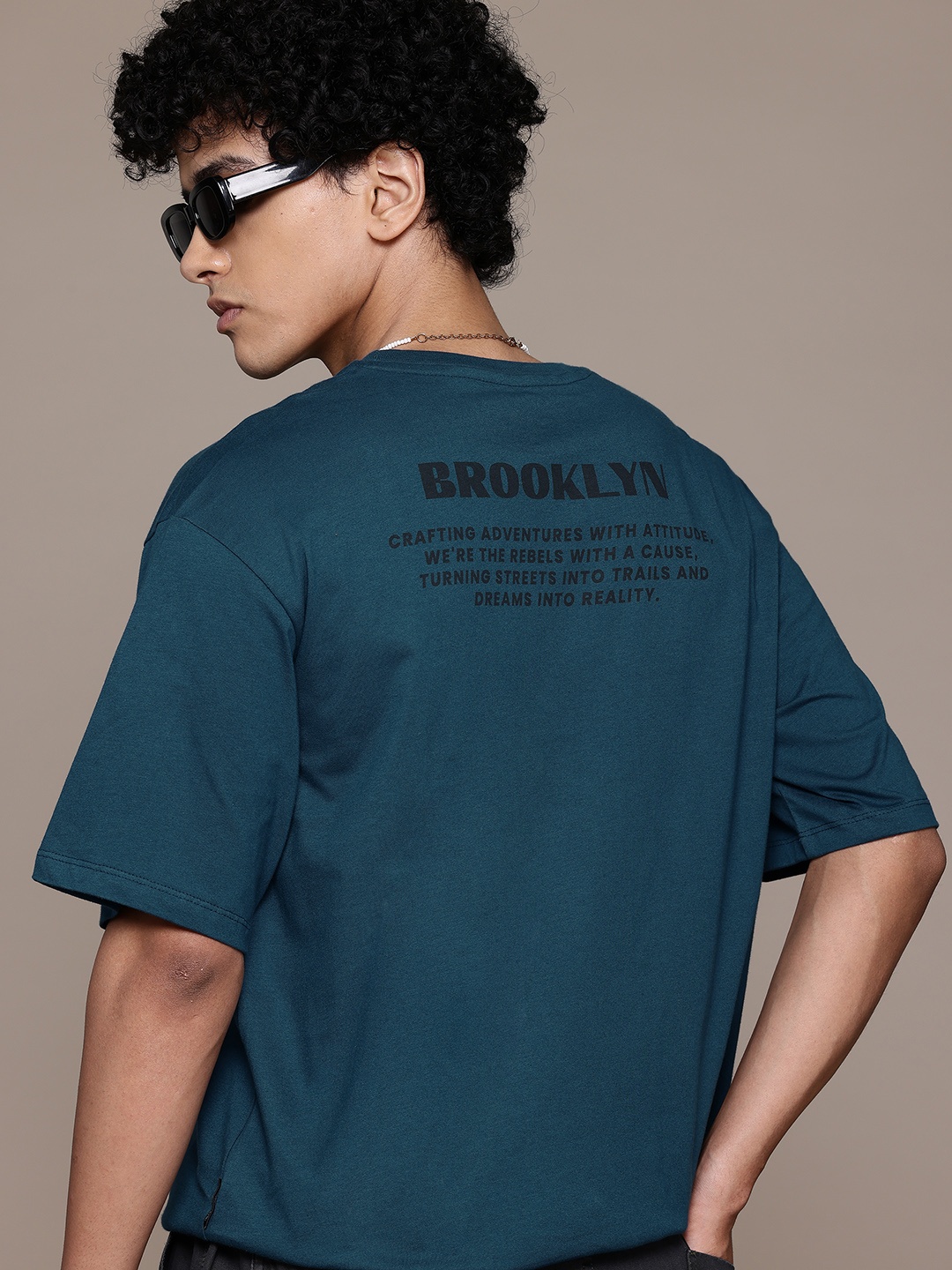 

The Roadster Lifestyle Co. Printed Drop-Shoulder Sleeves Pure Cotton Relaxed T-shirt, Teal