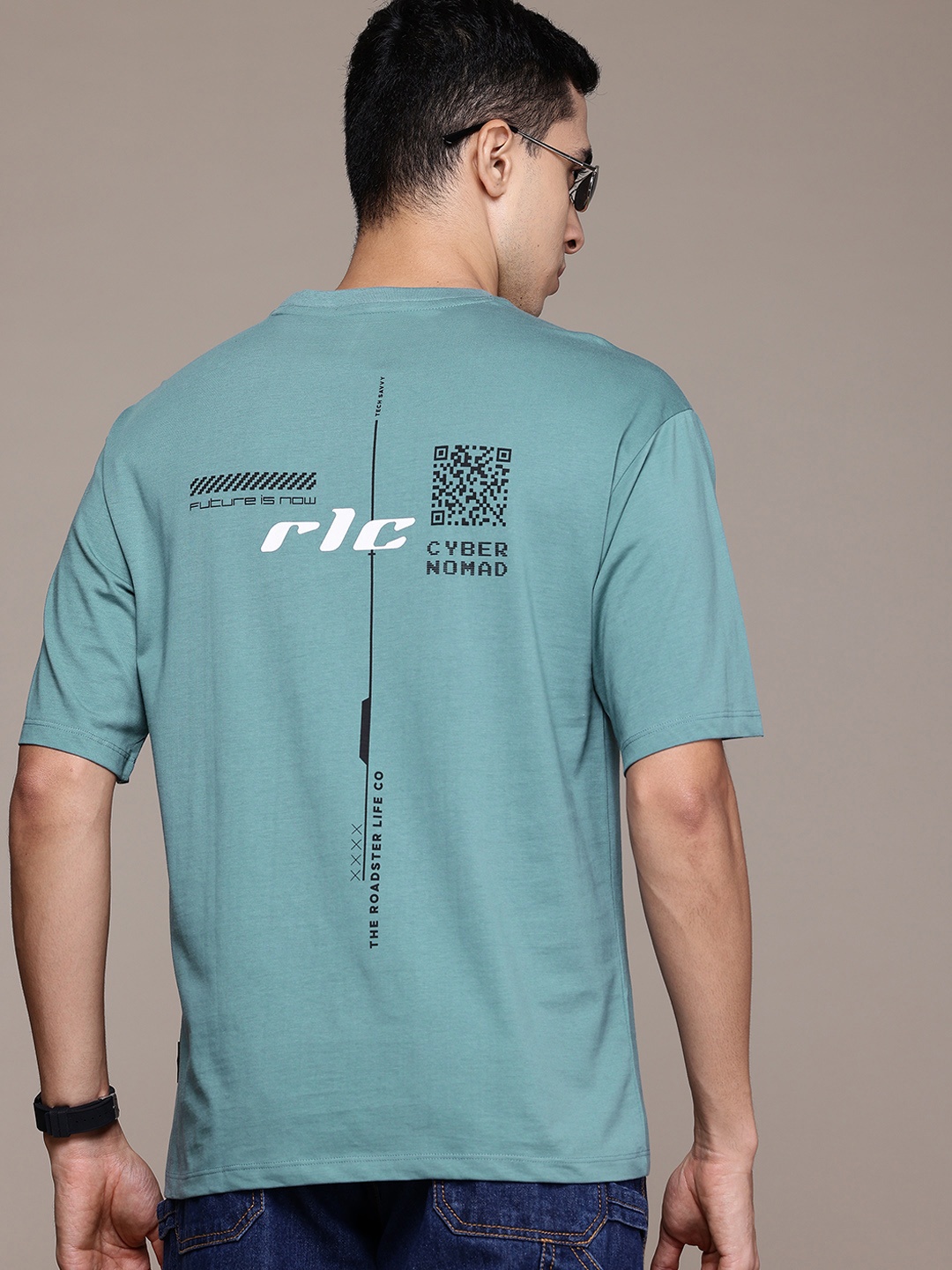 

The Roadster Lifestyle Co. Typography Drop-Shoulder Sleeves Cotton Relaxed Fit T-shirt, Blue