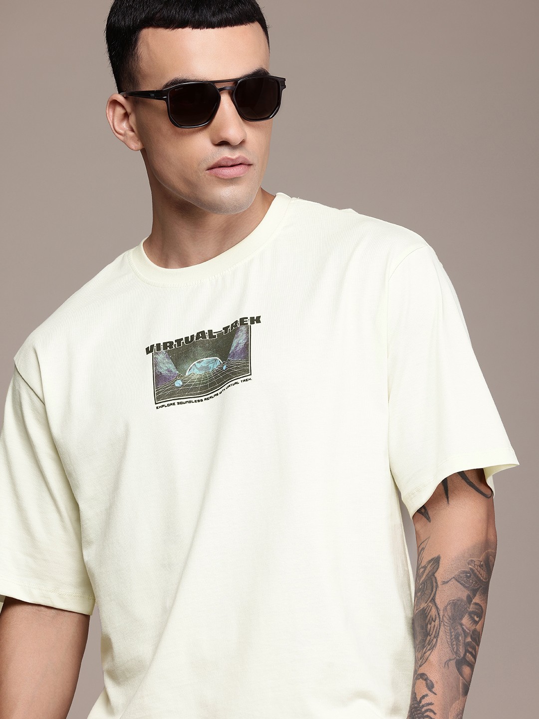 

The Roadster Life Co. Printed Drop-Shoulder Sleeves Oversized Pure Cotton T-shirt, Cream
