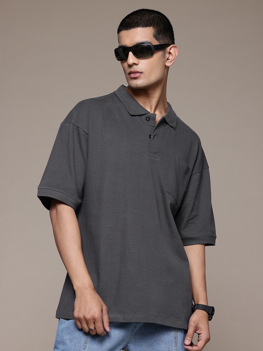 

The Roadster Lifestyle Co. Men Polo Collar Oversized Pure Cotton T-shirt, Grey