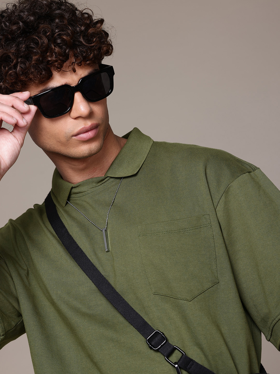 

The Roadster Lifestyle Co. Polo Collar Oversized Pure Cotton T-shirt, Olive