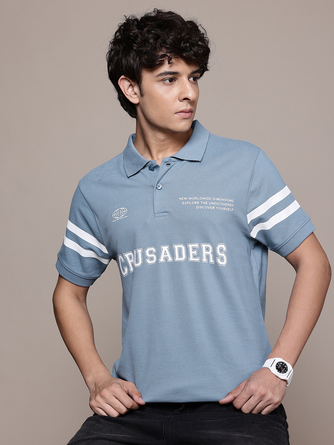 

The Roadster Lifestyle Co. Typography Polo Collar Pure Cotton T-shirt, Blue