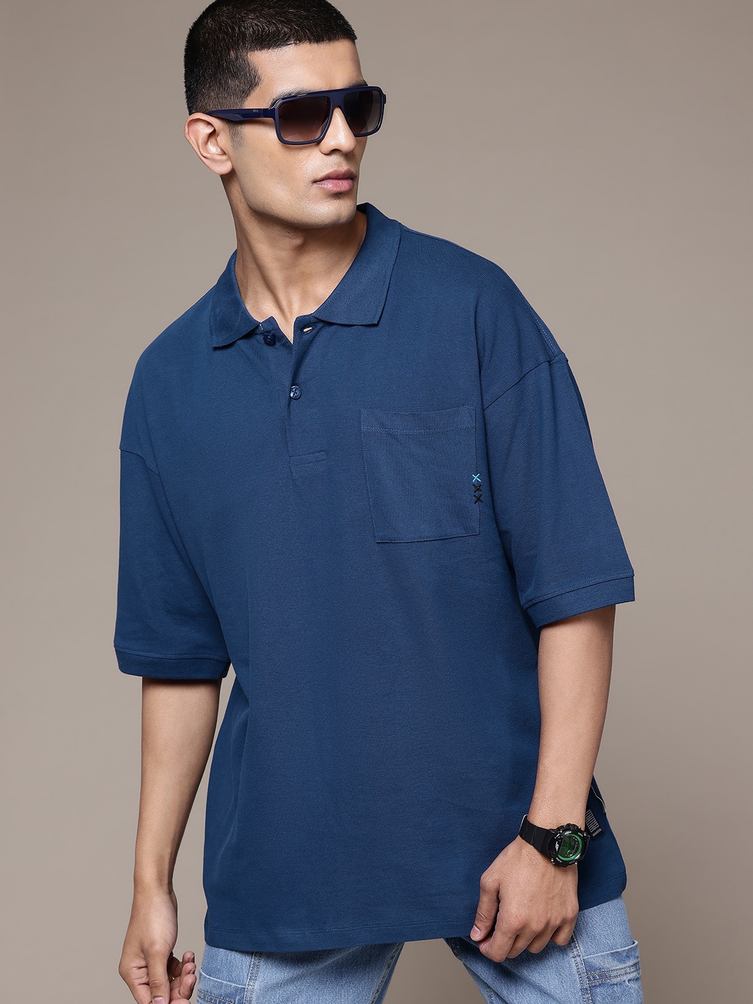 

The Roadster Lifestyle Co. Men Polo Collar Oversized Pure Cotton T-shirt, Blue