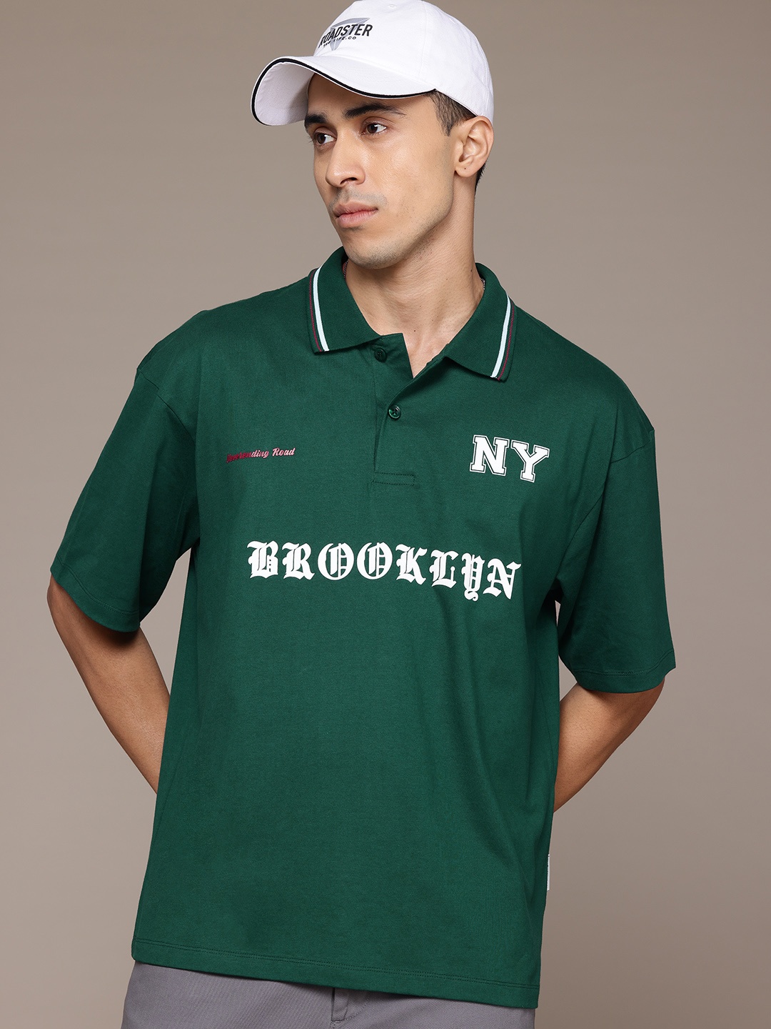 

The Roadster Life Co. Printed Polo Collar Oversized Pure Cotton T-shirt, Green