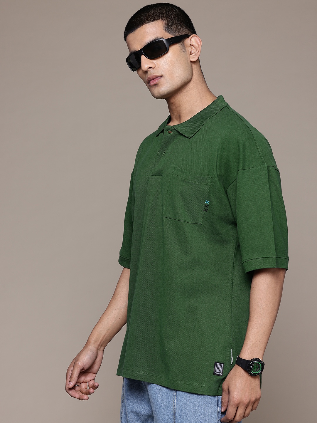 

The Roadster Lifestyle Co. Men Polo Collar Oversized Pure Cotton T-shirt, Green