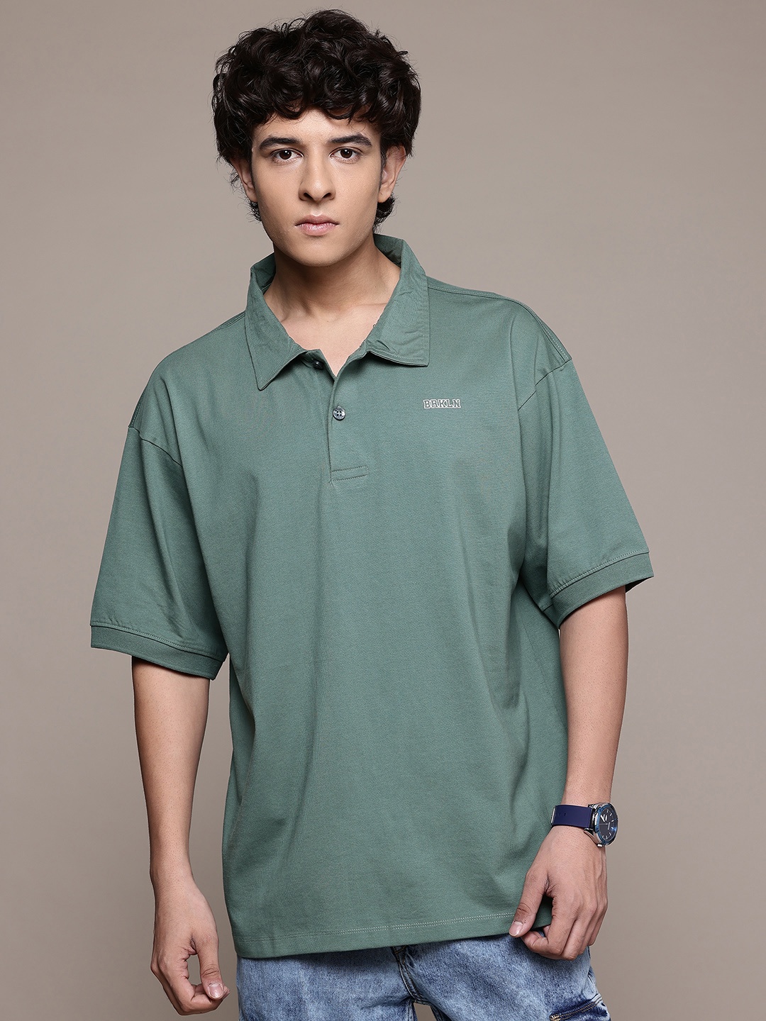 

The Roadster Lifestyle Co. Pure Cotton Polo Collar Oversized T-shirt, Green