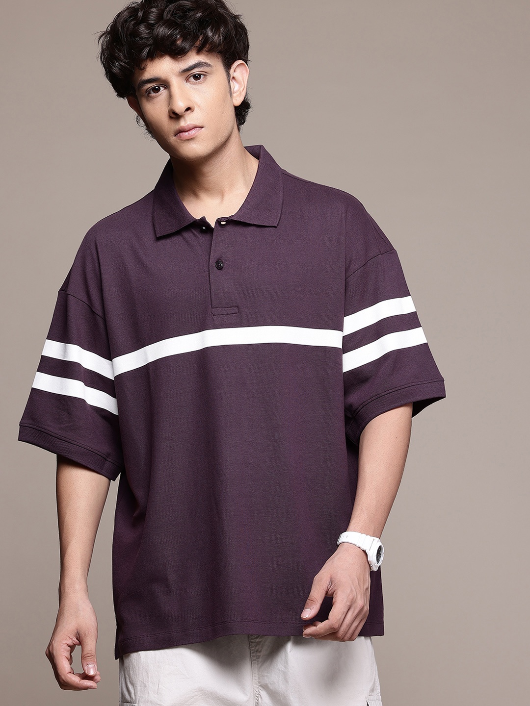 

The Roadster Lifestyle Co. Pure Cotton Striped Oversized Polo T-shirt, Purple