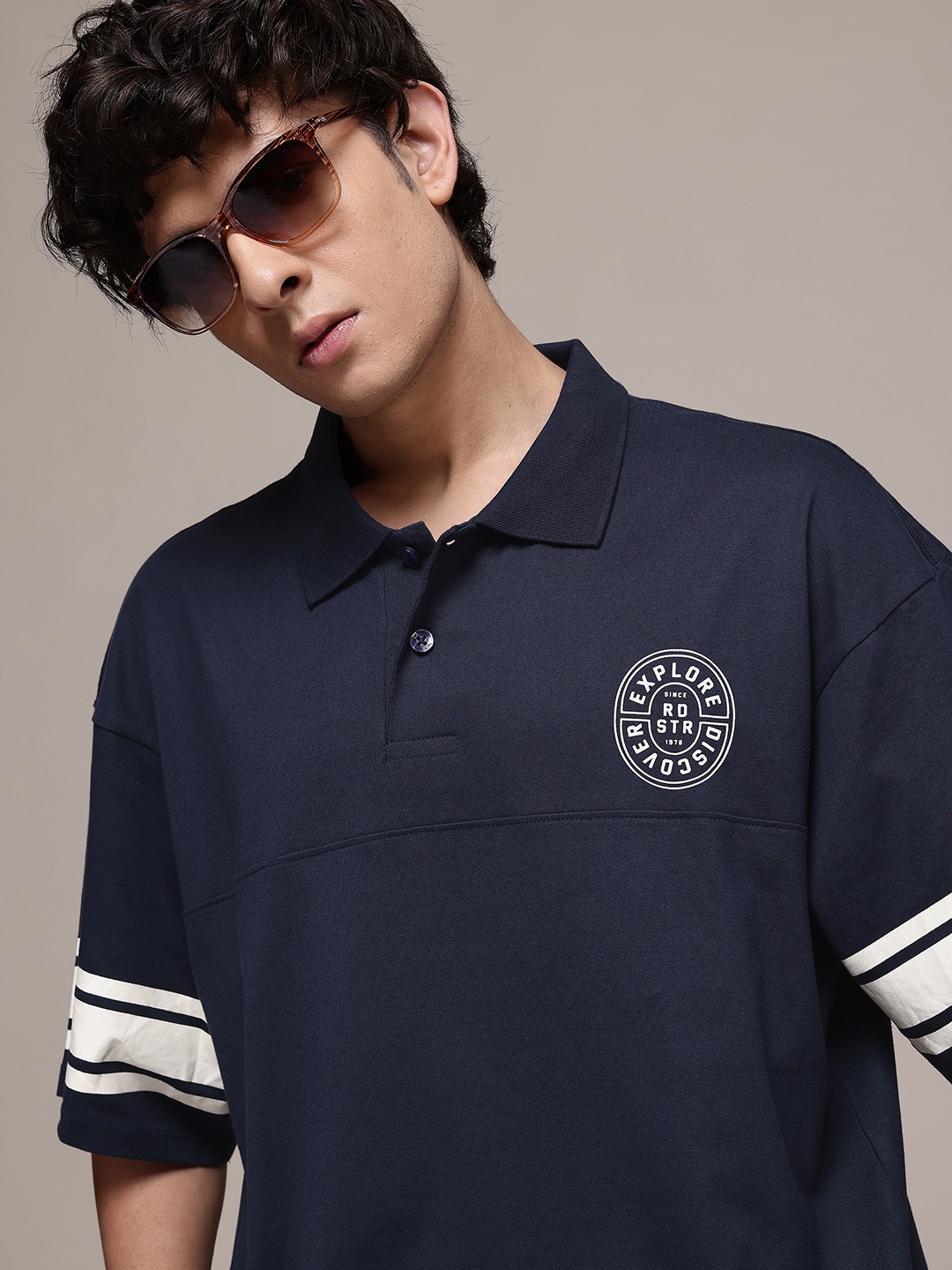 

The Roadster Lifestyle Co. Pure Cotton Oversized Polo T-shirt, Navy blue