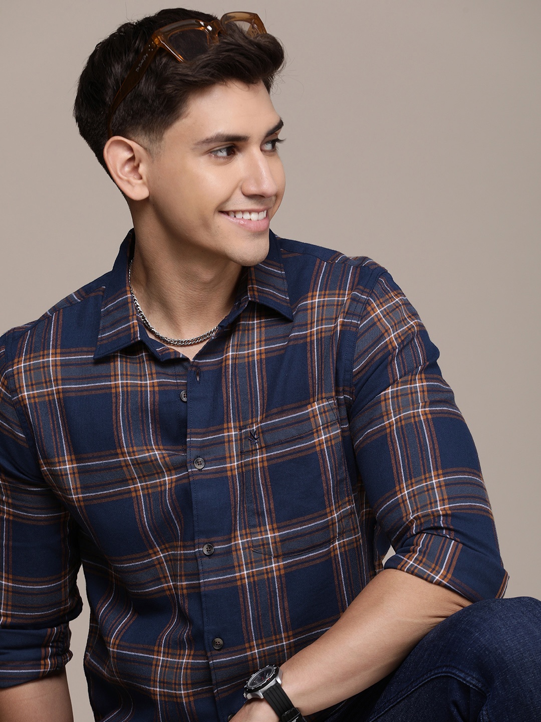 

WROGN Pure Cotton Slim Fit Tartan Checks Opaque Casual Shirt, Navy blue