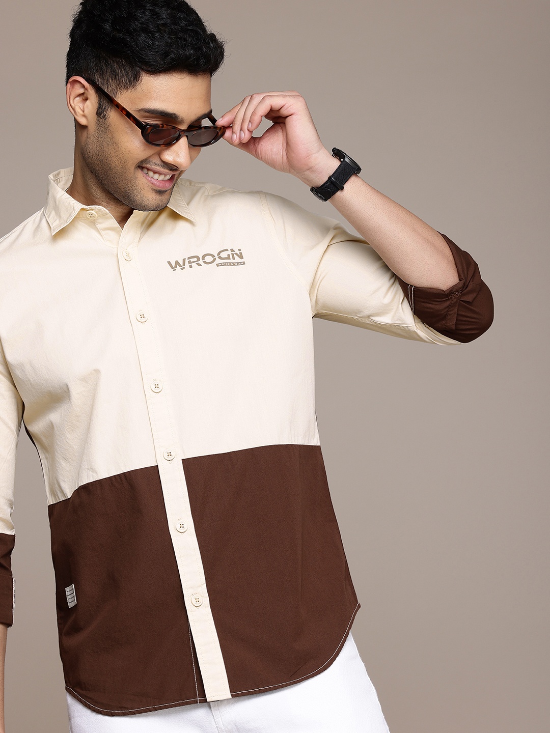 

WROGN Pure Cotton Brand Logo Print Detail Colourblocked Casual Shirt, Cream