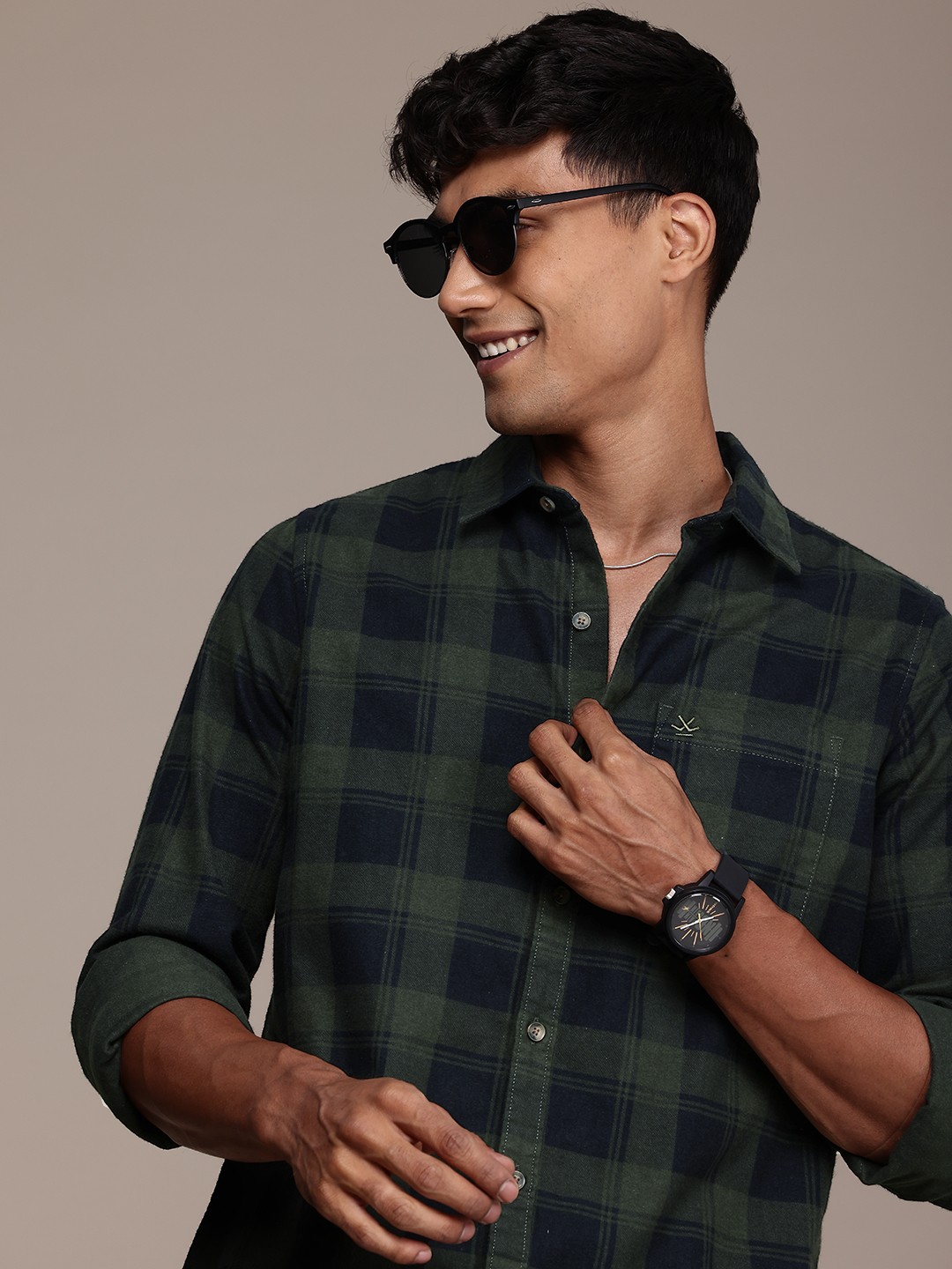 

WROGN Pure Cotton Slim Fit Flannel Checked Casual Shirt, Olive