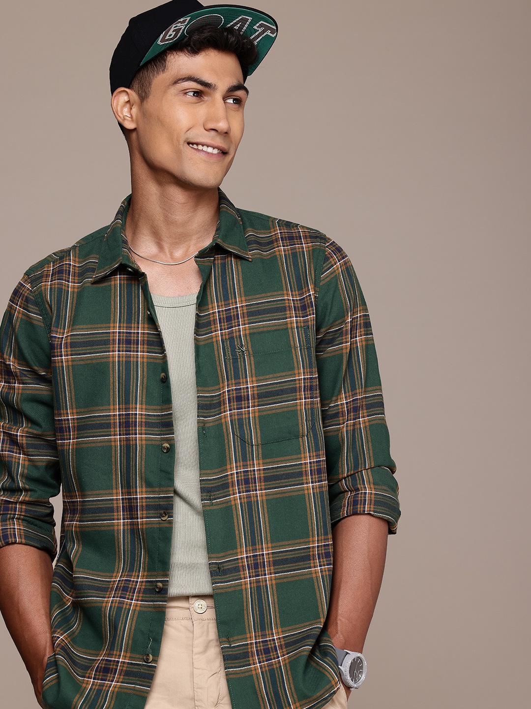 

WROGN Men Tartan Checked Casual Shirt, Green