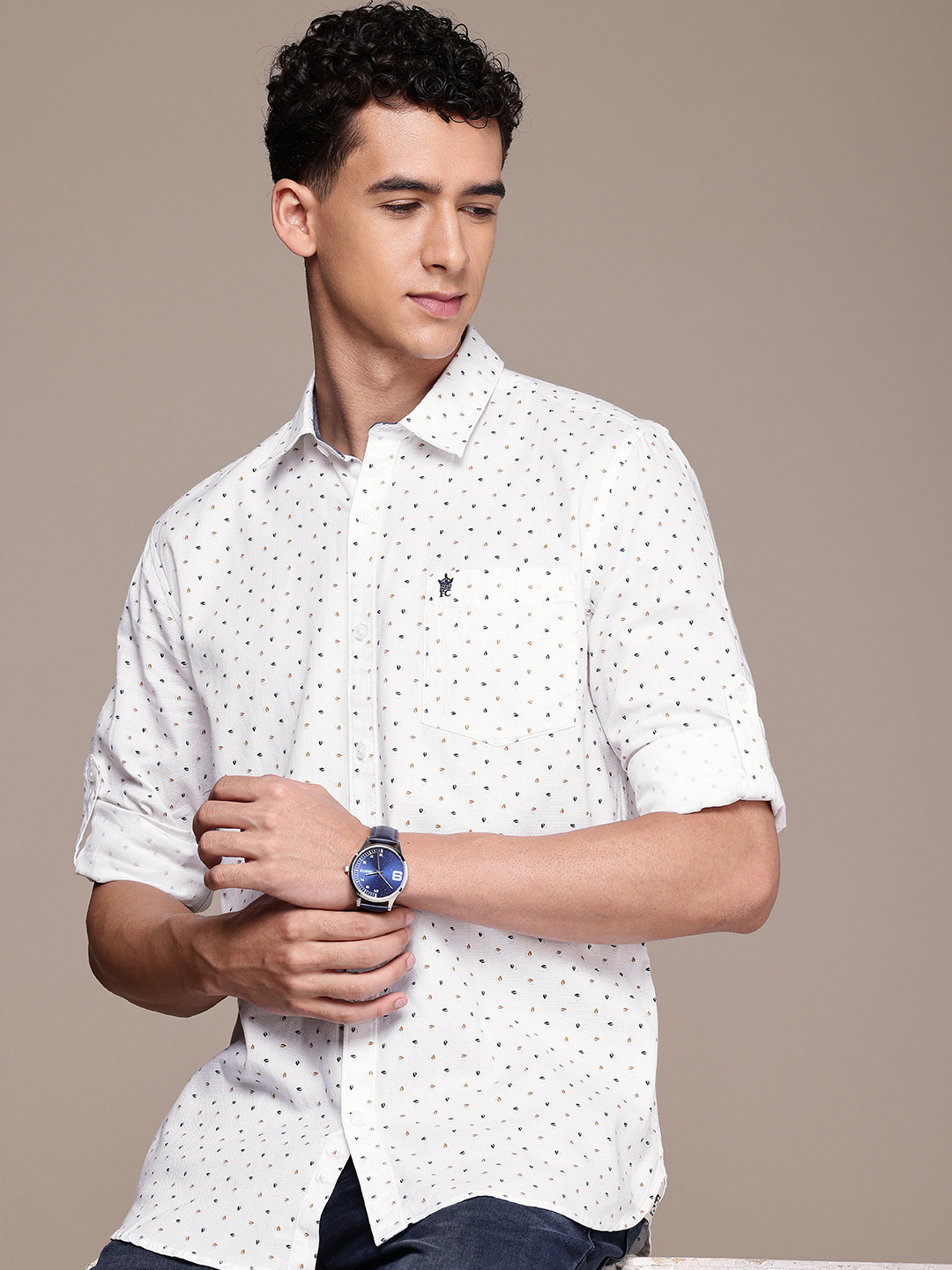 

French Connection Slim Fit Micro Ditsy Printed Roll-Up Sleeves Pure Cotton Casual Shirt, White