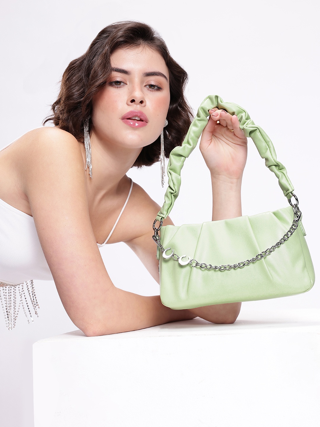

DressBerry Structured Pleated Shoulder Bag, Green