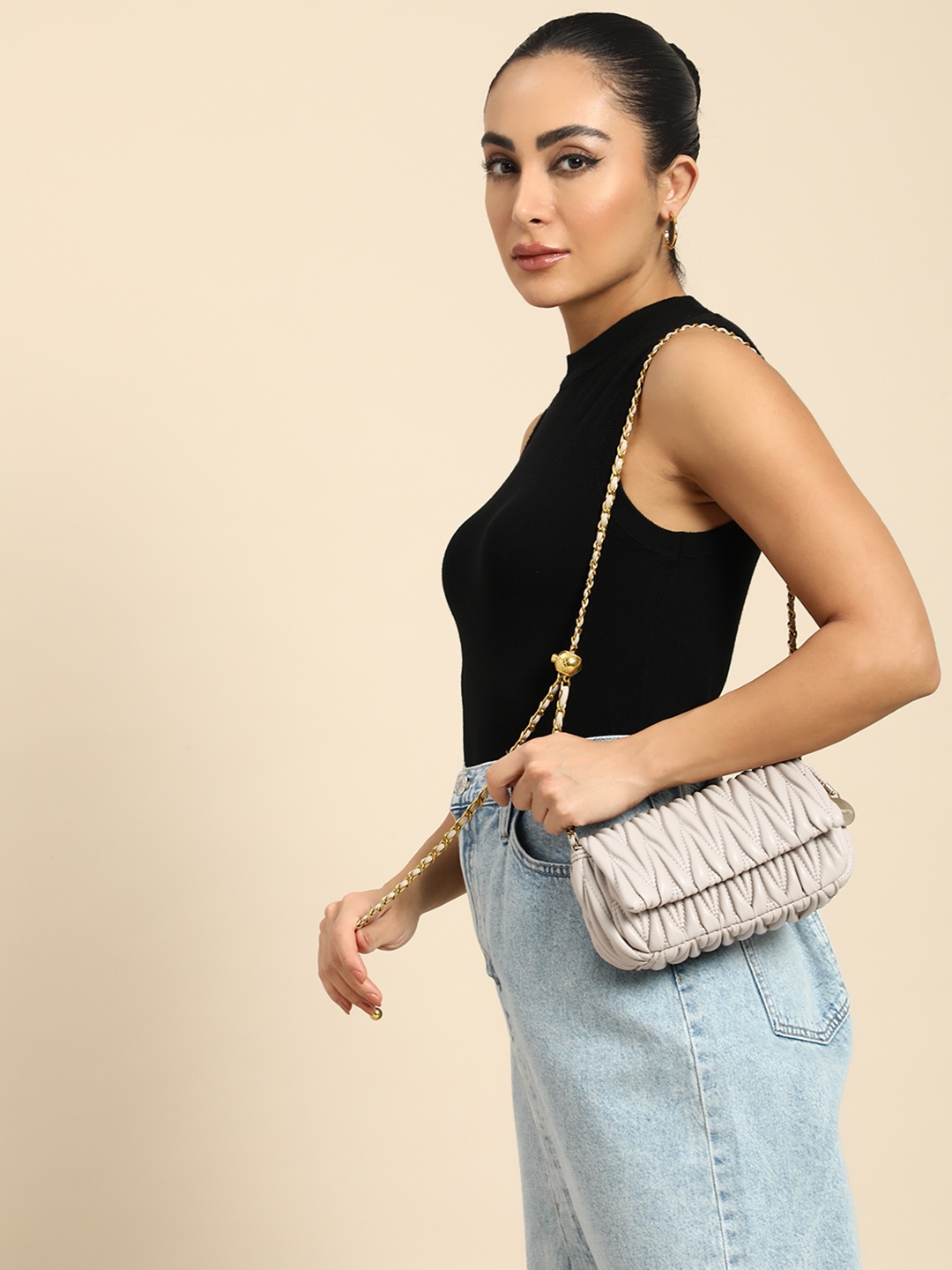 

DressBerry Textured Structured Shoulder Bag, Taupe