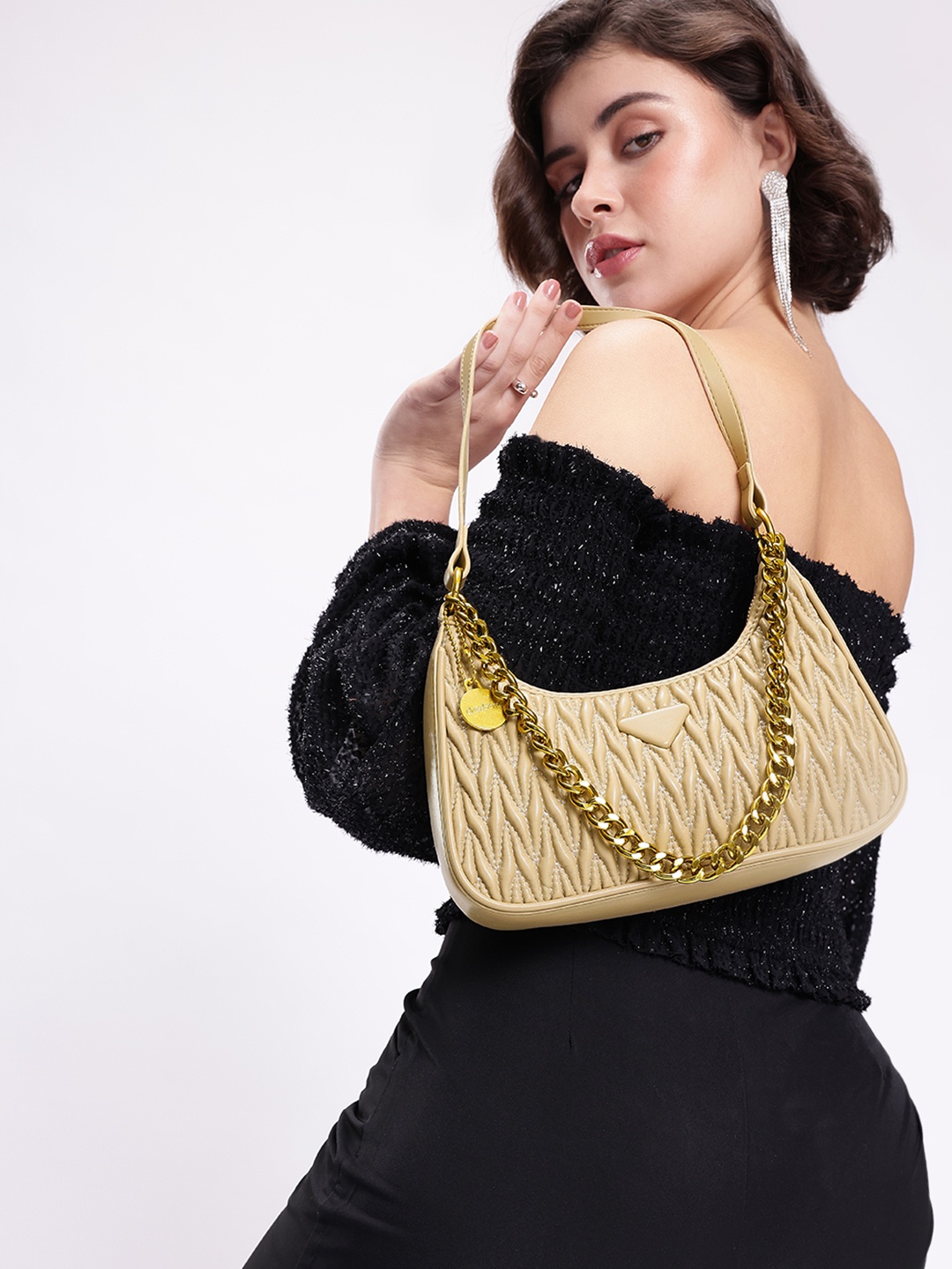 

DressBerry Textured Structured Hobo Bag, Beige