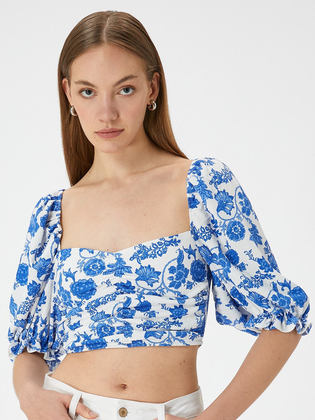 

Koton Floral Print Puff Sleeve Crop Top, White