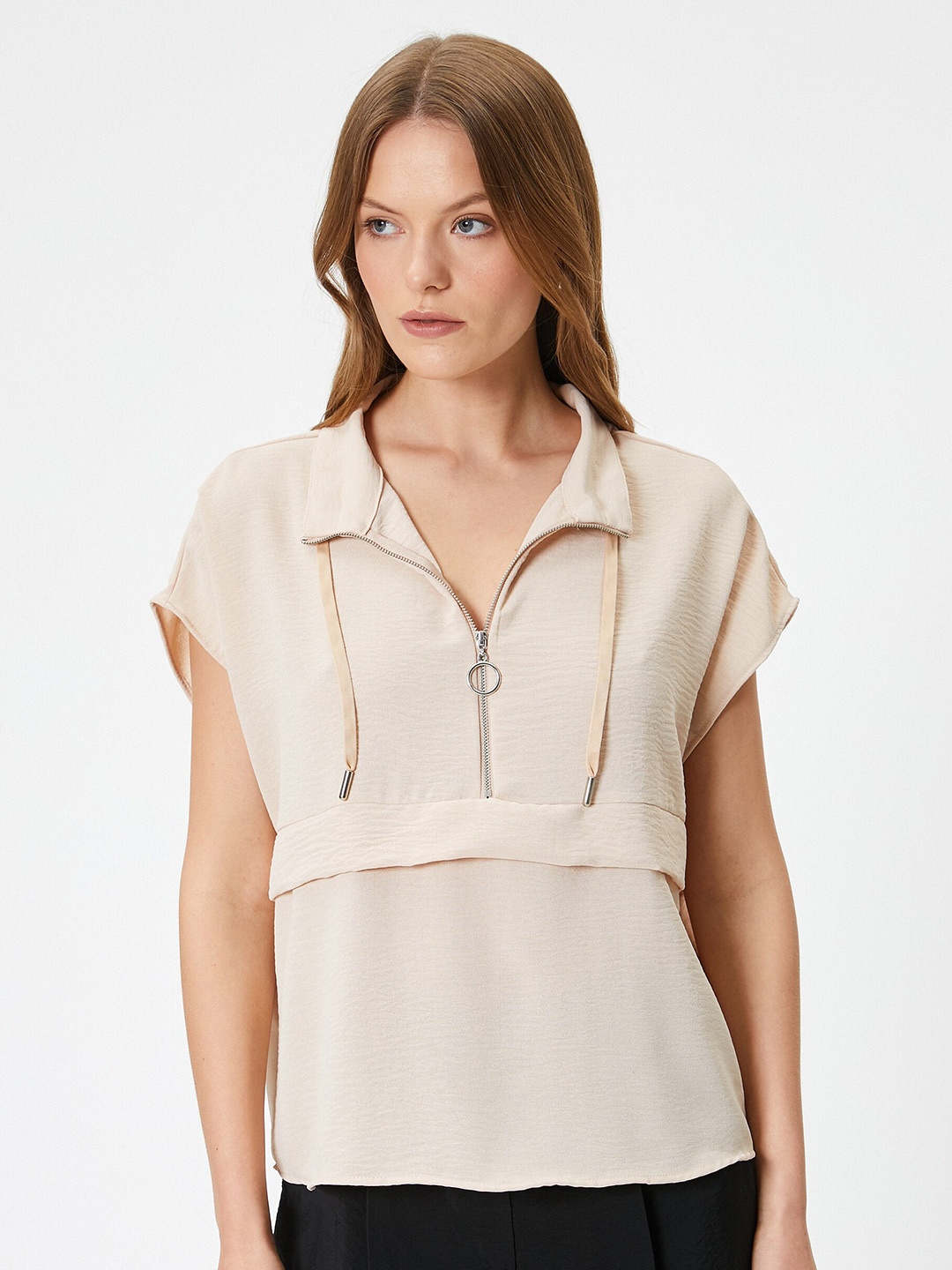 

Koton Solid Cap Sleeve Shirt collar Top, Beige