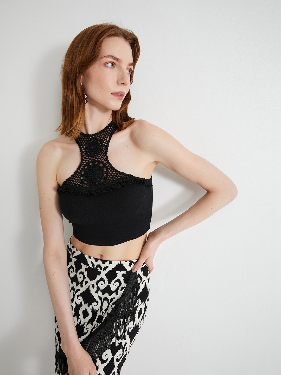 

Koton Self Design Sleeveless Cotton Crop Top, Black