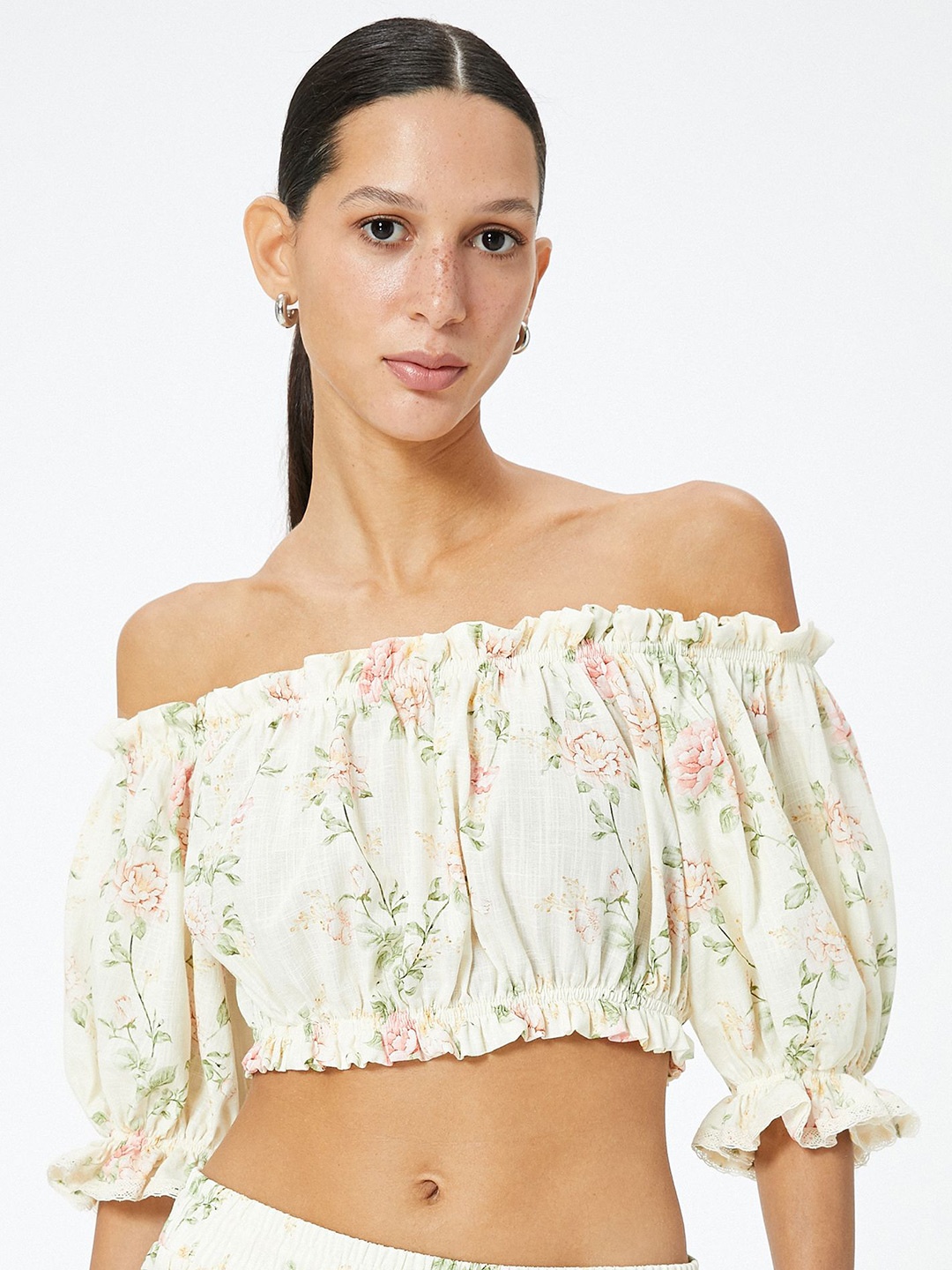 

Koton Floral Print Off-Shoulder Cotton Blouson Top, Off white