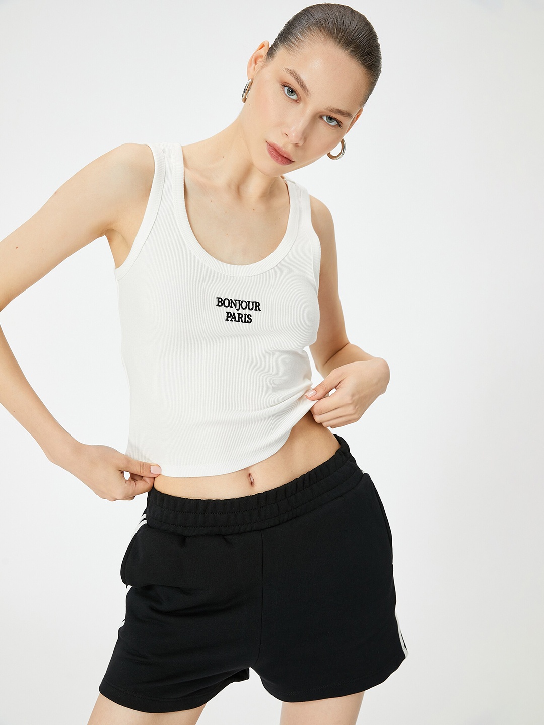 

Koton Printed Sleeveless Cotton Tank Crop Top, White