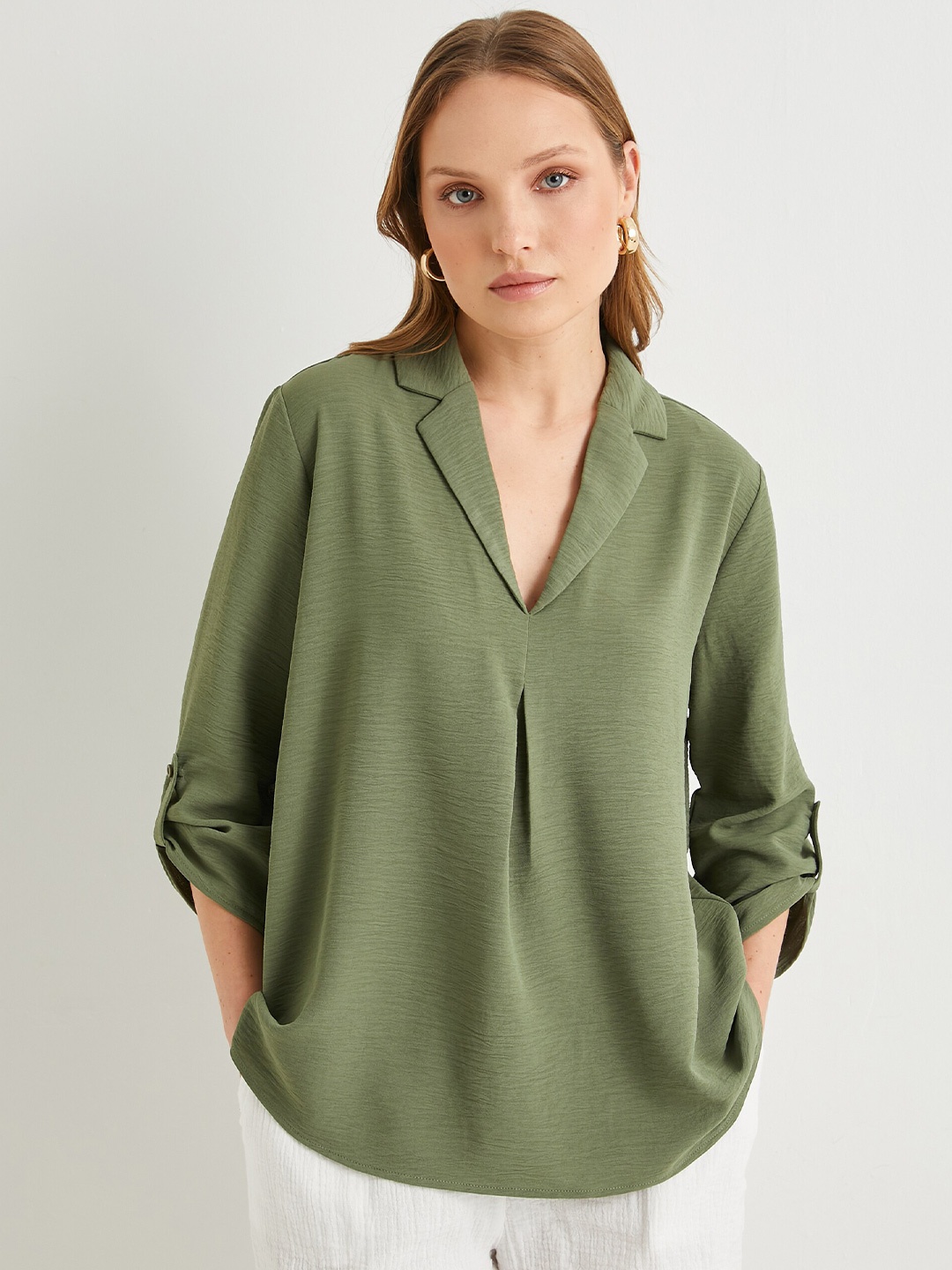 

Koton Solid Pattern V-Neck Extended Sleeves Top, Khaki