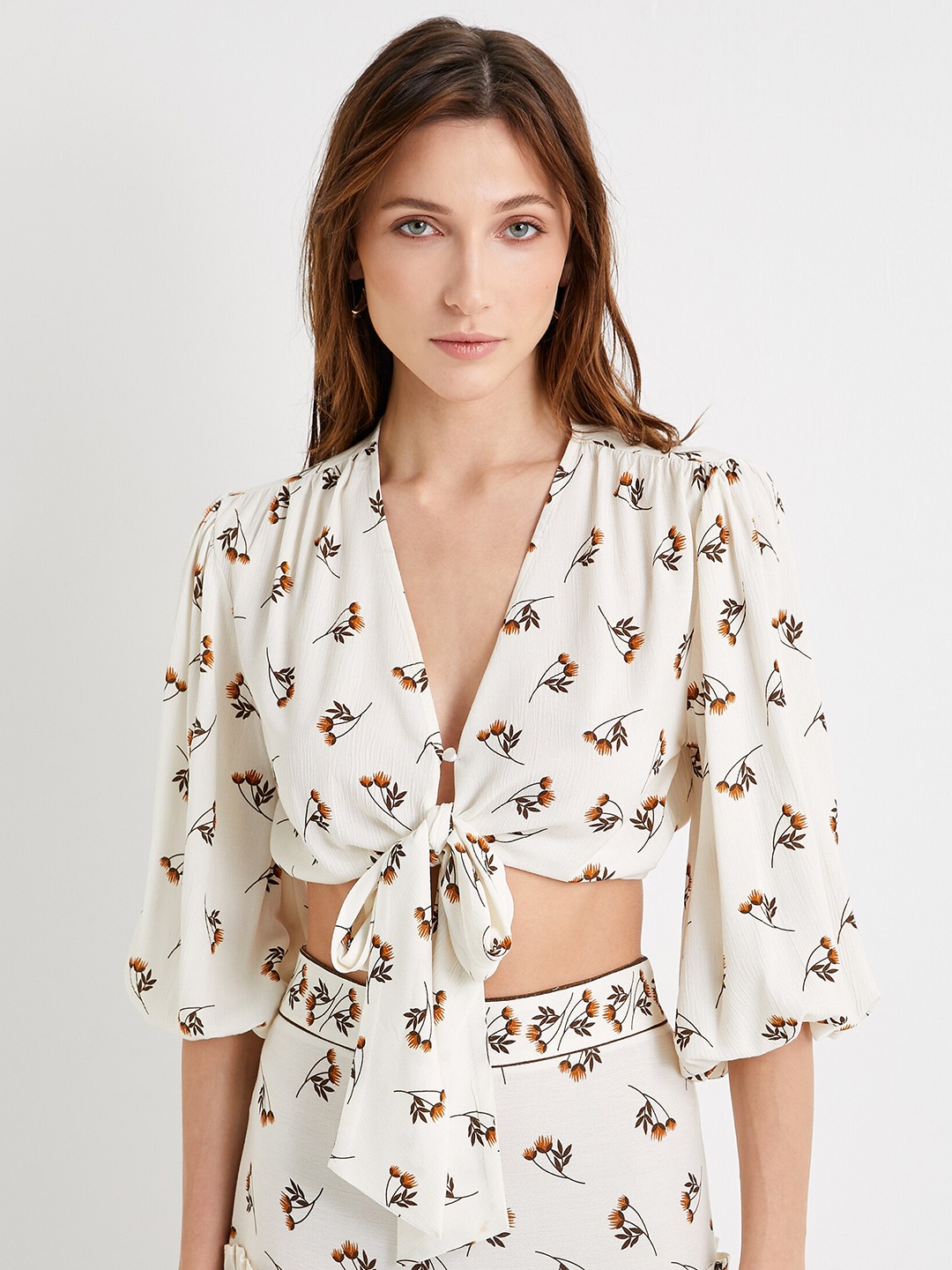 

Koton Floral Print Tie-Up Neck Puff Sleeve Crop Top, White